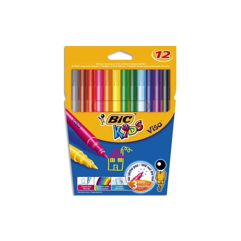 BIC KIDS Visa Feutres de Coloriage à Pointe Fine - Couleurs Assorties, Etui  Carton de 12